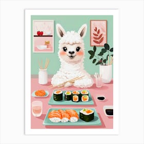 Cute Llama alpaca eating Sushi Art Print