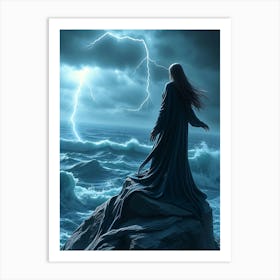 Woman Standing On A Rock by The Ocean Art Print