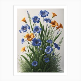 Blue And Orange Flowers Art Print