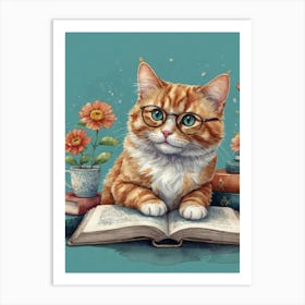 Cat Reading Book Art Print