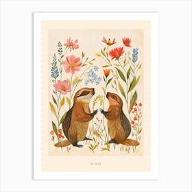 Folksy Floral Animal Drawing Beaver 4 Poster Art Print