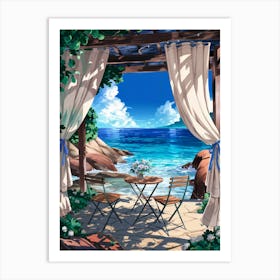 Anime Canvas Art: Seaside Wooden Pergola with Flowing Curtains, Turquoise Ocean, and Lush Foliage, Perfect for Lofi Aesthetic and Relaxing Coastal Art Lovers. Poster