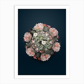 Vintage Musk Rose Flower Wreath on Teal Blue n.0263 Art Print