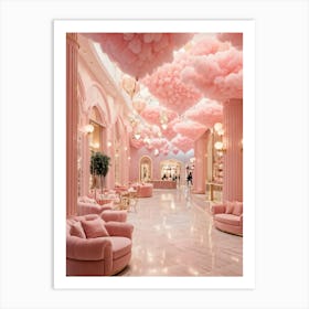 Whimsical Mall Interior Embraces Dreamy Fantasy Ambiance Rose Tinted Clouds Hanging From Ceilings A Art Print