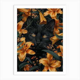 Black Cat In Lilies 1 Art Print