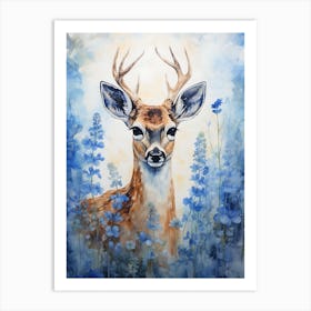 Deer In Blue Flowers 2 Art Print