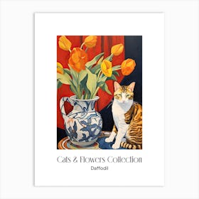 Cats & Flowers Collection Daffodil Flower Vase And A Cat, A Painting In The Style Of Matisse 2 Art Print