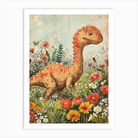 Dinosaur In A Floral Meadow Vintage Storybook Painting 3 Art Print