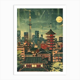 Kyoto Skyline At Night Mid Century Modern Art Print