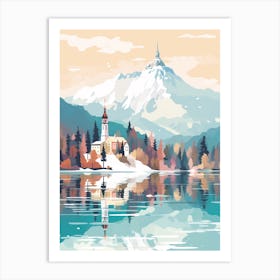 Vintage Winter Travel Illustration Lake Bled Slovenia 3 Art Print