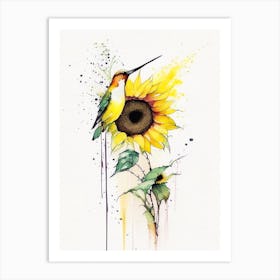 Hummingbird And Sunflower Minimalist Watercolour Art Print