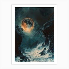 Full Moon Over The Ocean Bichromatic, Surrealism, Impressionism Art Print