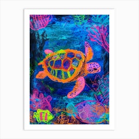 Neon Underwater Sea Turtle Doodle 1 Art Print