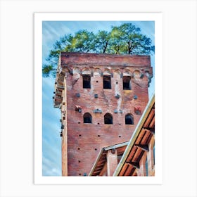 Lucca Guinigi Tower and Its Rooftop Trees. The Guinigi Tower, a historic landmark in Lucca, Italy, stands out for its unique rooftop garden featuring tall oak trees. Built in the 14th century, the red-brick structure embodies medieval architecture and offers panoramic views of the city for visitors who climb to the top. 2 Art Print