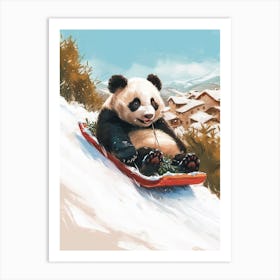 Giant Panda Cub Sledding Down A Snowy Hill Storybook Illustration 4 Art Print