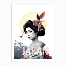 Geisha In Japan Mountain Landscape Art Print