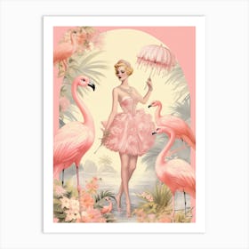 Vintage Pink Flamingo Woman Illustration Kitsch 3 Art Print