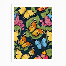 Colorful Butterflies On A Blue Background Art Print