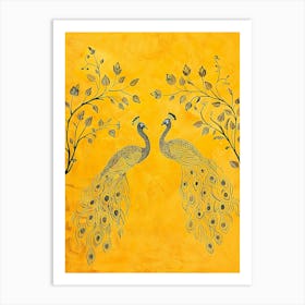 Peacocks On A Yellow Background Art Print