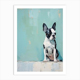 Boston Terrier Dog, Painting In Light Teal And Brown 1 Art Print