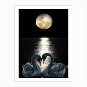 Black Swans Night Moon Art print Art Print