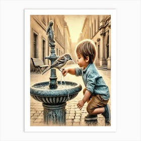 Little Boy Drinking From A Fountain Art Print