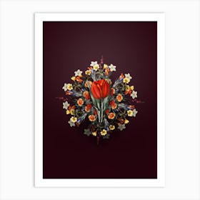 Vintage Gesner's Tulip Branch Floral Wreath on Wine Red Art Print