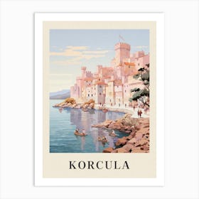 Korcula Croatia 2 Vintage Pink Travel Illustration Poster Art Print