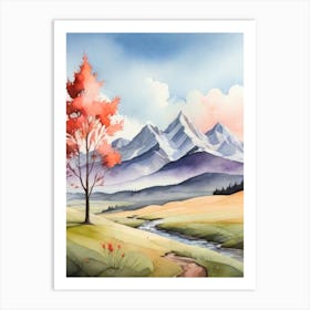 Tranquil Mountains In Minimalist Watercolor Vertical Composition 50 Art Print