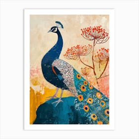 Textured Peacock On A Rock With Plants Art Print