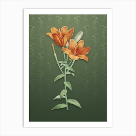 Vintage Orange Bulbous Lily Botanical on Lunar Green Pattern Art Print