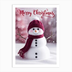 Merry Christmas Cute Snowman Red Art Print