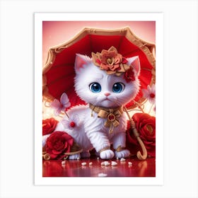 White Cat With Umbrella Art Print