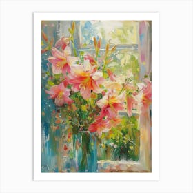 Amayllis Flowers On A Cottage Window 1 Art Print