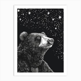 Malayan Sun Bear Looking At A Starry Sky Ink Illustration 7 Art Print