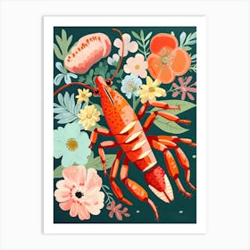Summer Lobster And Flowers Illustration 4 Art Print