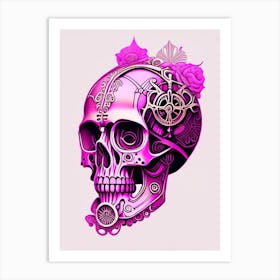 Skull With Steampunk Details 2 Pink Line Drawing Art Print