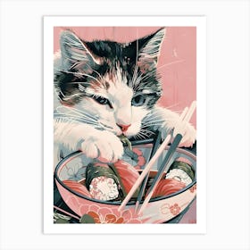 Cat Eating Sushi 2 Art Print