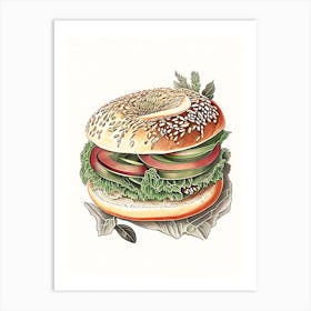 Whole Wheat Bagel With Sliced Turkey Lettuce And Tomato Vintage Drawing Art Print