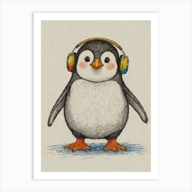 Penguin With Headphones 5 Art Print