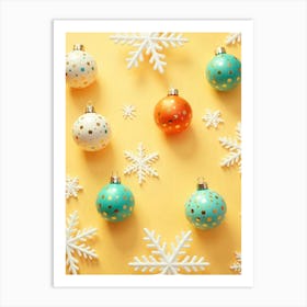 Christmas Ornaments On A Yellow Background Art Print