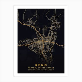 Reno Nevada Usa Black And Gold Map Póster