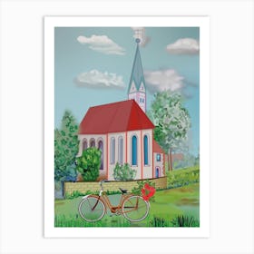 Landscape With A Church And A Bicycle With Red Flowers In The Town Of Steingarten In Bayran In Germany Art Print