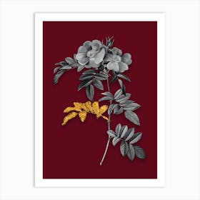 Vintage Shining Rosa Lucida Black and White Gold Leaf Floral Art on Burgundy Red n.0379 Art Print
