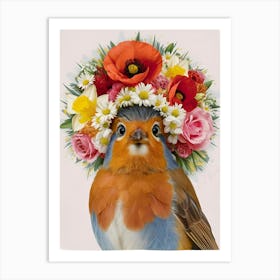 Robin In Flower Crown Art Print