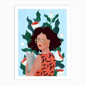 Illustration Of A Woman Holding A Cat Art Print