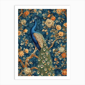 Blue Floral Peacock Wallpaper Art Print