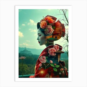 Geisha With Roses Exposure Art Print