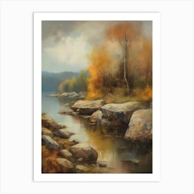 Autumn Lake,Forest Lake, Vintage Oil Painting, Farmhouse Wall Decorations, Antique Landscape, Vintage Landscape Oil Painting.8 Art Print