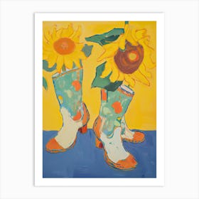 Painting Of Sunflower Flowers And Cowboy Boots, Oil Style 1 Art Print